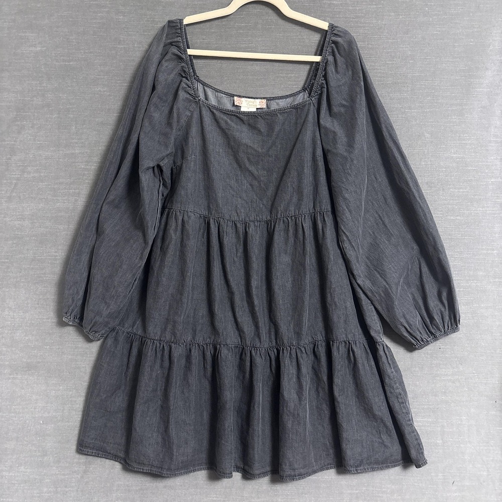 Flying Tomato Dress 1X Gray Cotton Tiered Balloon Sleeve Boho Peasant Cottage